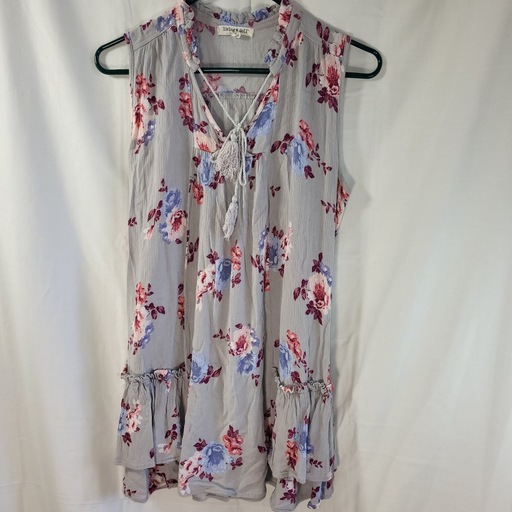 Living Doll Los Angeles Gray Floral Boho Tunic Blouse Tassel Ruffle Small Beachy